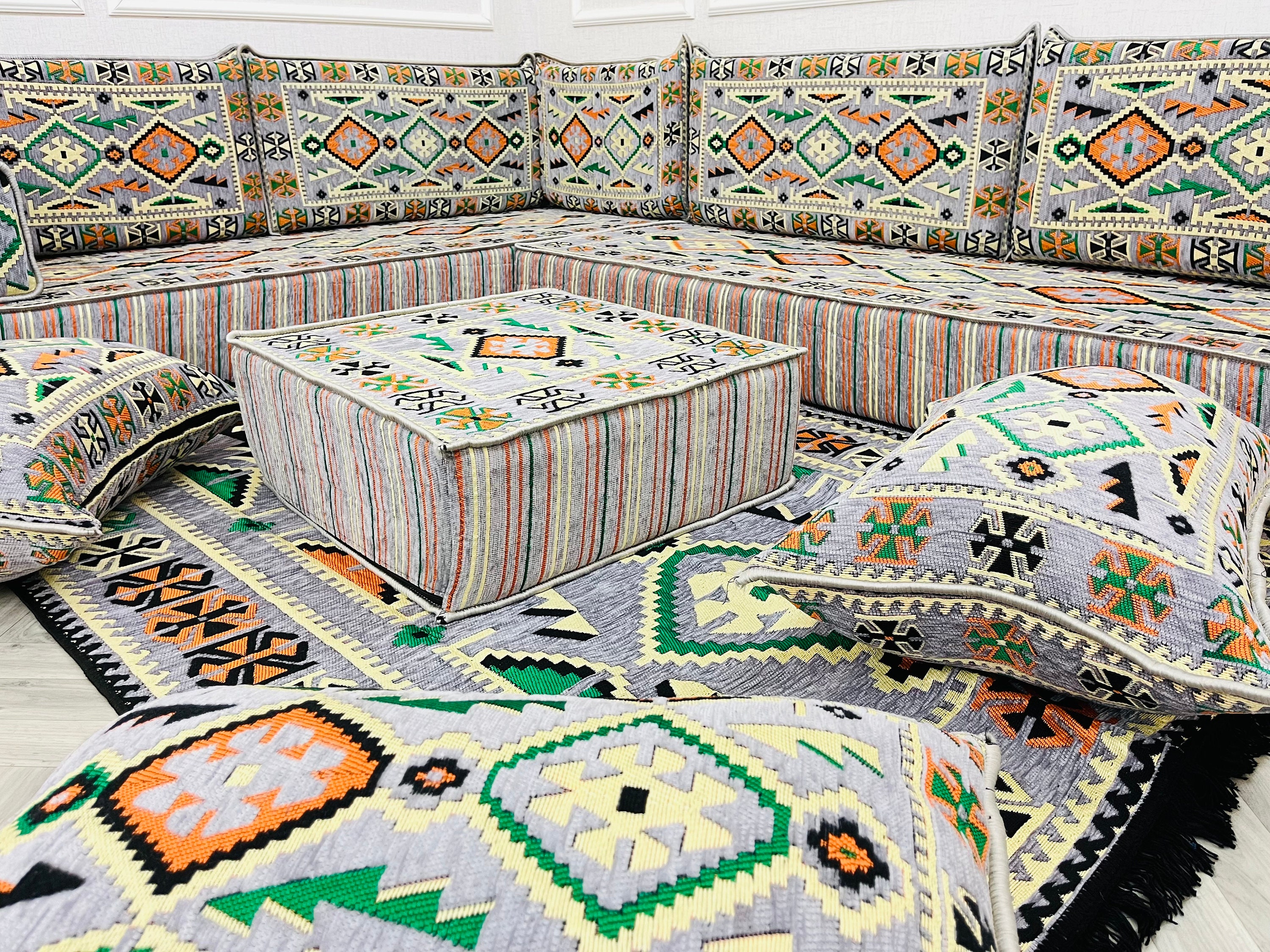Majlis Rug L-shaped Arabic Majlis Sofa Set: Floor Seating, Cushions, Rug, 8 Inch ...