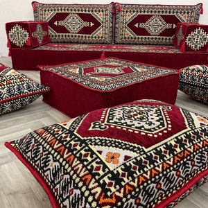 8 inch Thick Stunning Burgundy Authentic Floor Seating Sofa Set, Floor Sofa, Raised Floor Seating Set, Arabic Sofa Set, Floor Cushion Couch Sofa +Ottoman&Pillow