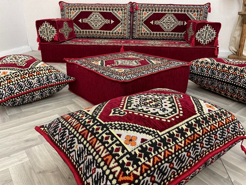 8 inch Thick Stunning Burgundy Authentic Floor Seating Sofa Set, Floor Sofa, Raised Floor Seating Set, Arabic Sofa Set, Floor Cushion Couch Sofa +Ottoman&Pillow