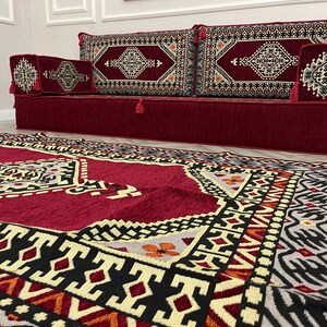 8 inch Thick Stunning Burgundy Authentic Floor Seating Sofa Set, Floor Sofa, Raised Floor Seating Set, Arabic Sofa Set, Floor Cushion Couch Sofa + Rug