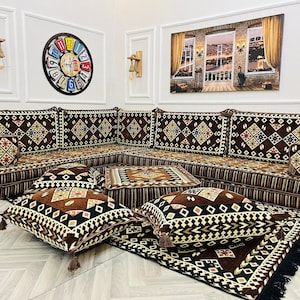 8インチ厚アラビアソファL字型フロアシートセット、リビングルーム家具、室内装飾、フロアクッション、フロアカウチ、オットマンカウチ＆ラグ、ソファ