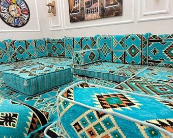 ターコイズアラビアフロアソファセット：U字型ソファ、マジリスシート