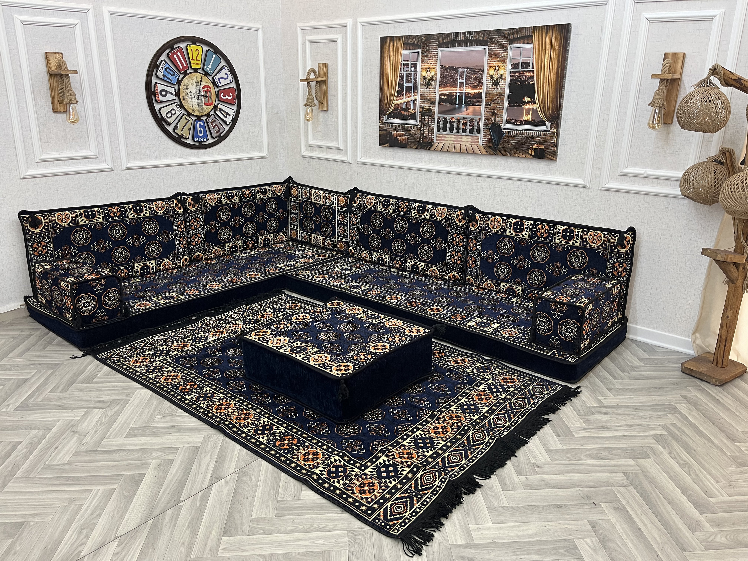 Majilis Rug L Shaped Arabic Majlis Floor Sofa Set: Ottoman Couch, Rug & Pillows ...