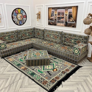 8 Gris oscuro L en forma de sofá árabe sala de estar conjunto de sofás, sofá para sentarse en el piso, Majlis árabe, sofá seccional, cojines de piso, sofá otomano y alfombra L Sofa + Ottoman&Rug