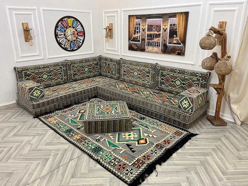 8 Gris oscuro L en forma de sofá árabe sala de estar conjunto de sofás, sofá para sentarse en el piso, Majlis árabe, sofá seccional, cojines de piso, sofá otomano y alfombra L Sofa + Ottoman&Rug