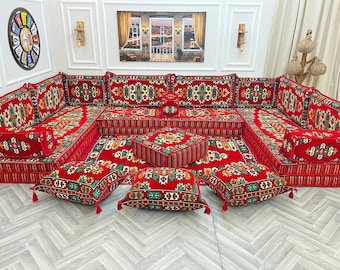 Ensemble de sièges de sol pour canapé de salon arabe en forme de U anatolien de 8 po. d'épaisseur, coussin de sol, canapés de sol bohèmes, canapé sectionnel, canapé Majlis arabe