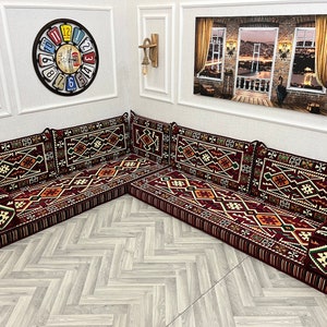 L Shaped Maroon Arabic Sofa Floor Cushion Seating Set, Living Room Sofa, Ottoman Couch, Floor Cushion Couch, Arabic Majlis, Sectional Sofas L Shaped Sofa Only