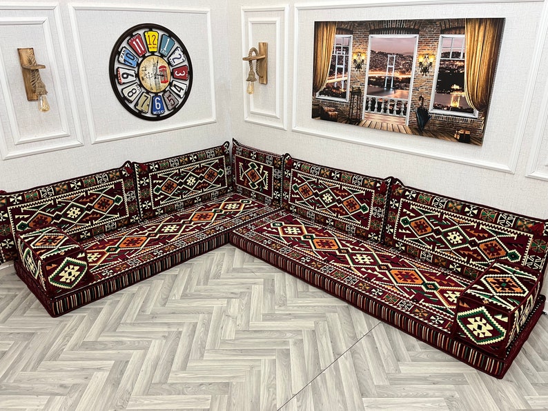 L Shaped Maroon Arabic Sofa Floor Cushion Seating Set, Living Room Sofa, Ottoman Couch, Floor Cushion Couch, Arabic Majlis, Sectional Sofas L Shaped Sofa Only