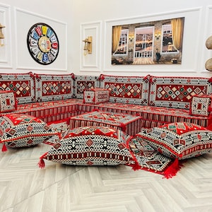 8&#39;&#39; Arabic Sofa L Shaped Vibrant Red Floor Seating Set, Living Room Furniture, Home Decor, Floor Cushion, Ottoman Couch & Rug, Floor Couches
