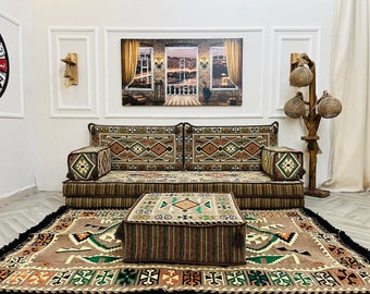 Beige Arabic Seating Modular Floor Sofa Set: 8'' Thick Cushions, Ottoman, Rug, Living Room Decor