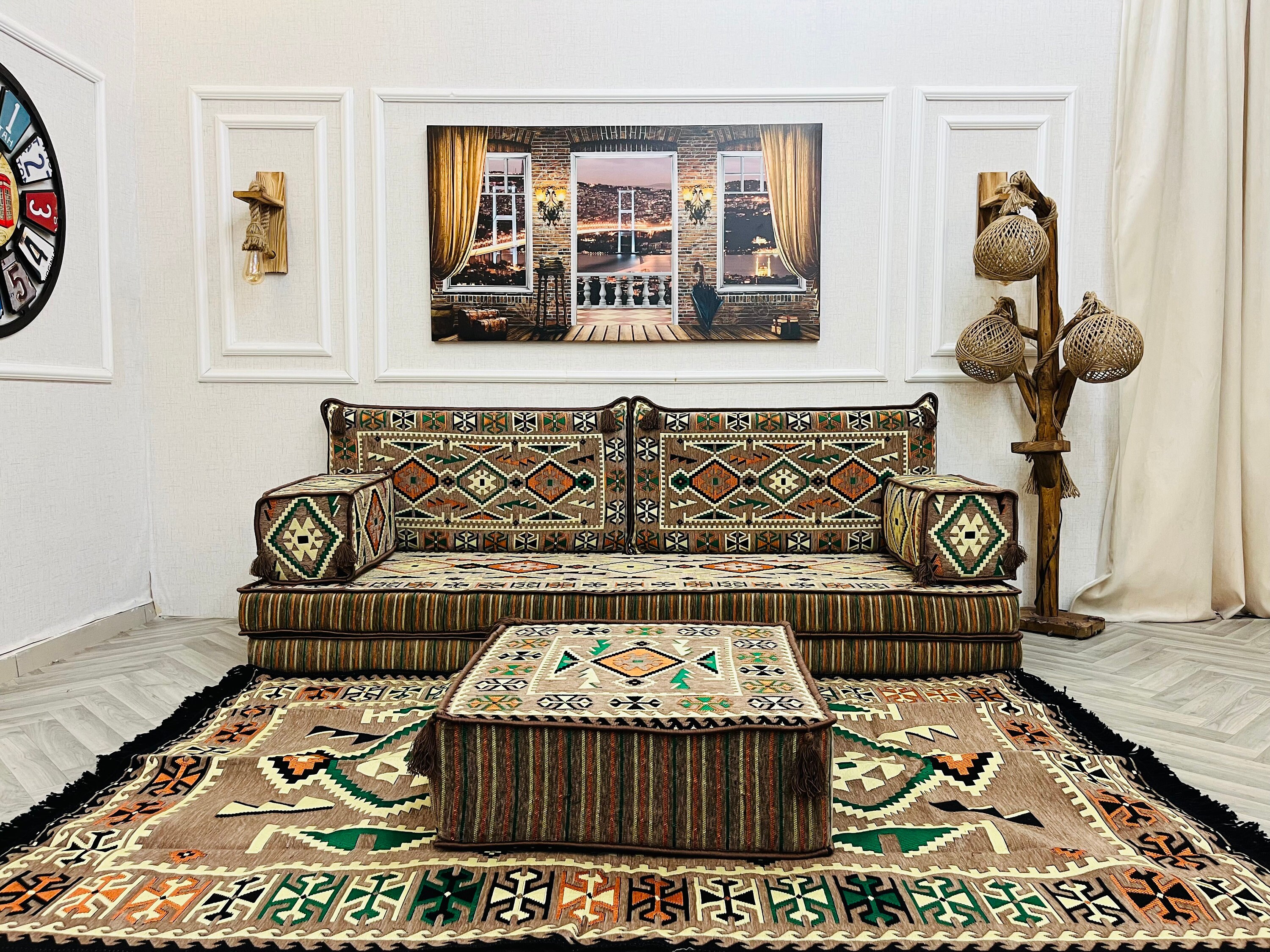 Beige Arabic Seating Modular Floor Sofa Set: 8'' Thick Cushions ...