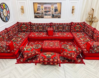 Ethnic Arabic U-Shaped Floor Seating Sofa Set: 22 Piece Majlis Couch