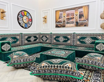 Set di posti a sedere con cuscino da pavimento per la decorazione della casa del soggiorno anatolico, set di divani arabi spessi 8 pollici verde smeraldo, divano a forma di L, pouf e tappeto ottomano