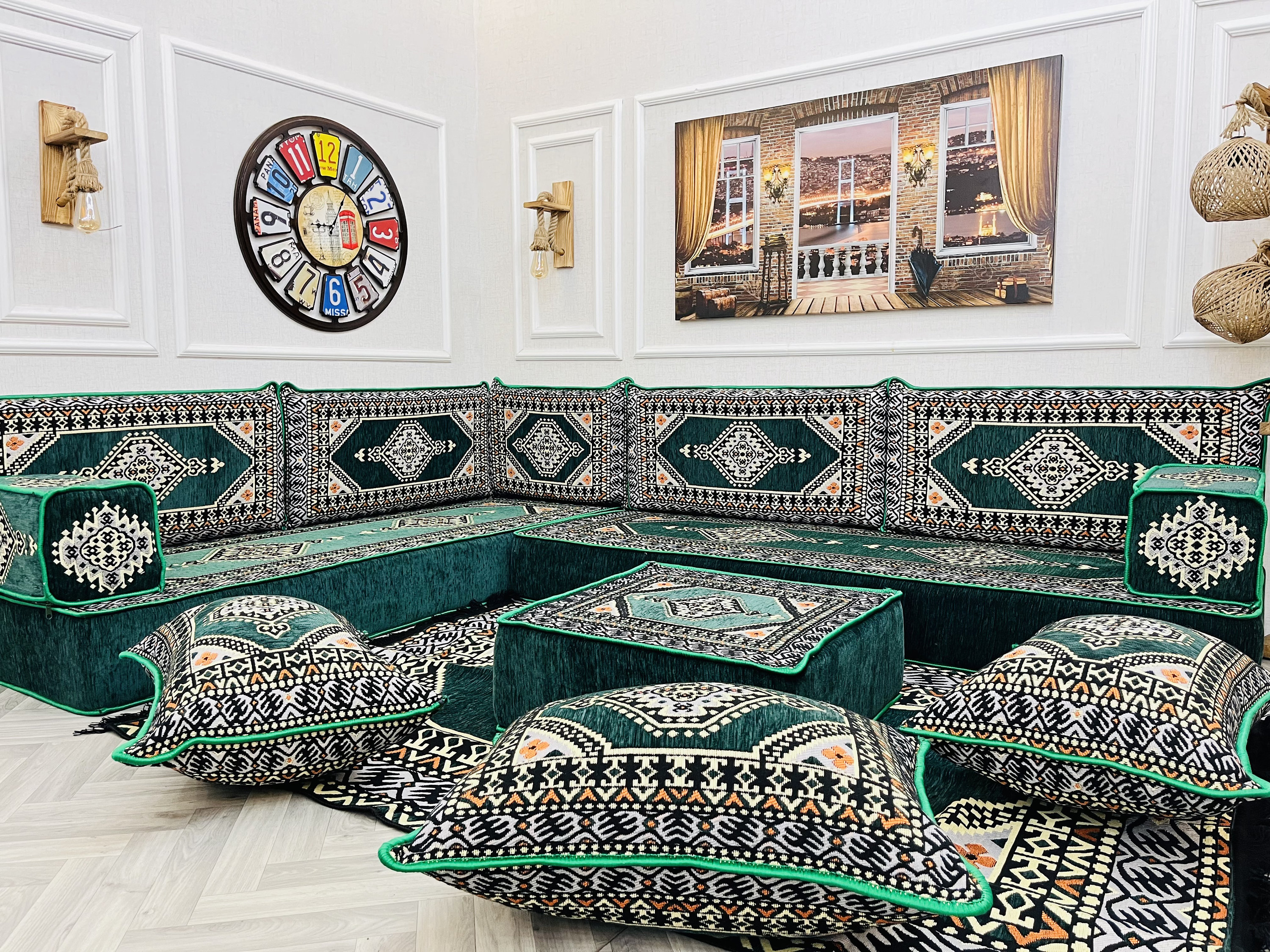 8 inch Thick Emerald Green Arabic Sofa Floor Seating Set, Living Room Home Decor, Floor Cushion Seating, L Shaped Sofa, Ottoman Couch & Rug