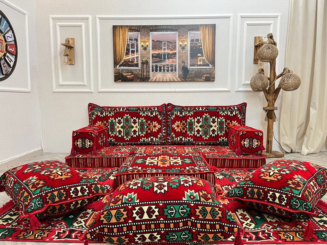 Red Arabic Floor Sofa Set: Ethnic Ottoman Couch, Rug & Pillows - Etsy