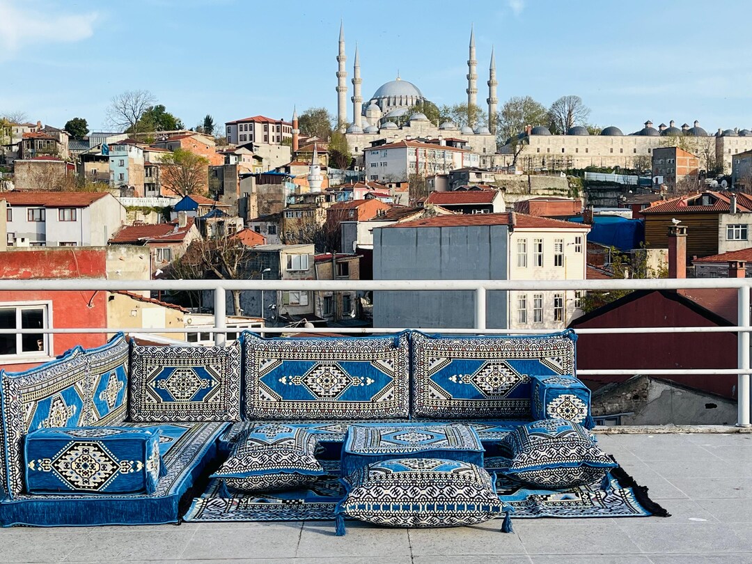14-piece Blue Turkish Floor Seating Sofa Set: Ottoman Style Majlis ...