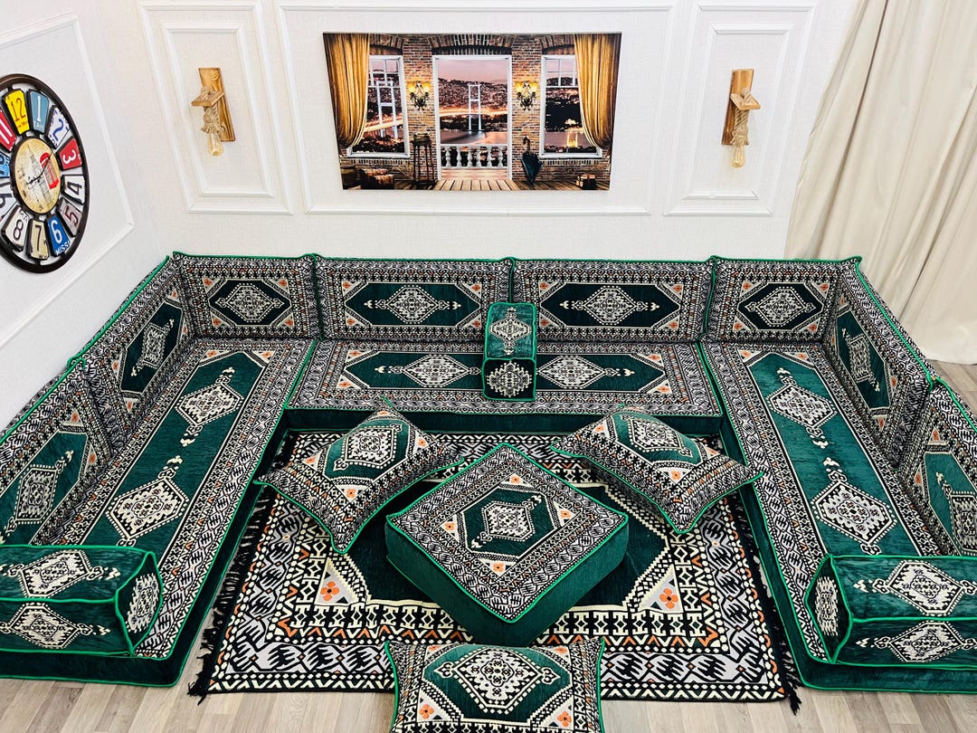 Majlis Rug Handmade Green Arabic Majlis Floor Seating Set: Ottoman Sofa Cushions ...
