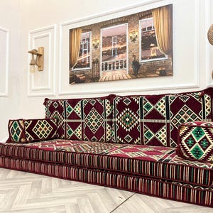 Kilim Design Moroccan Floor Sofa Set: 8-inch Thick Cushions, Living Room Decor