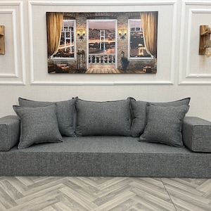 Dark Gray Linen Modern Living Room Cozy Floor Cushion Couch, Boho Floor Couches,Floor Sofa Bed,Living Room Furniture,Custom Made Linen Sofas