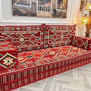 8&#39;&#39; Red Anatolian Floor Sofa Bed: Arabic Seating, Meditation Pillows, Ethnic Floor Cushion