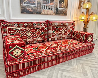 8'' Red Anatolian Floor Sofa Bed: Arabic Seating, Meditation Pillows, Ethnic Floor Cushion