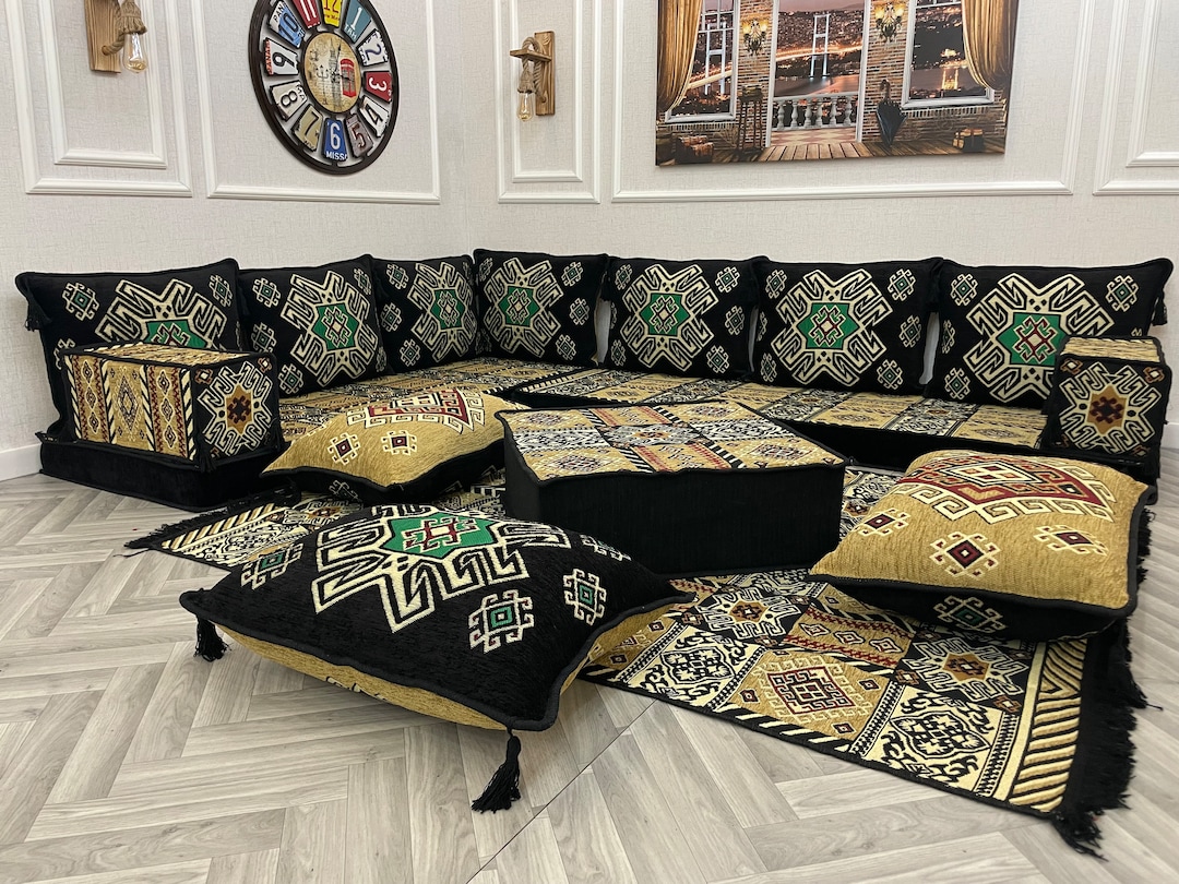 L-shaped Arabic Modular Floor Sofa Set: Ottoman, Pillows & Rug, Floor ...