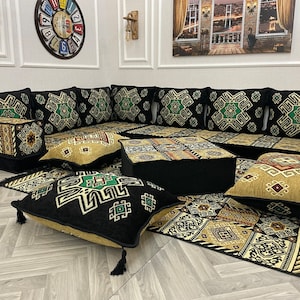 L Shaped Sectional Arabic Living Room Sofa Floor Seating Set, Home Decor Pillows, Ottoman Couch, Corner Sofa Set, Floor Cushion Couch