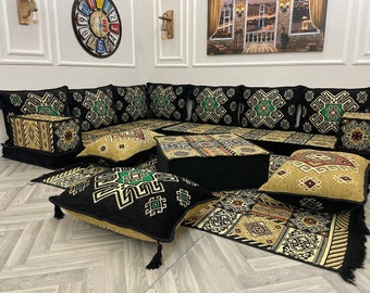 L Shaped Sectional Arabic Living Room Sofa Floor Seating Set, Home Decor Pillows, Ottoman Couch, Corner Sofa Set, Floor Cushion Couch