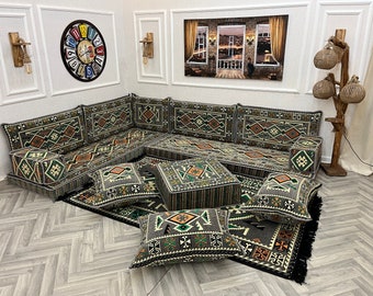 Ensemble de canapé de sol turc en forme de L, décoration d'intérieur de salon, canapé ottoman, canapé coussin de sol, majlis arabe, ensemble de canapé d'angle