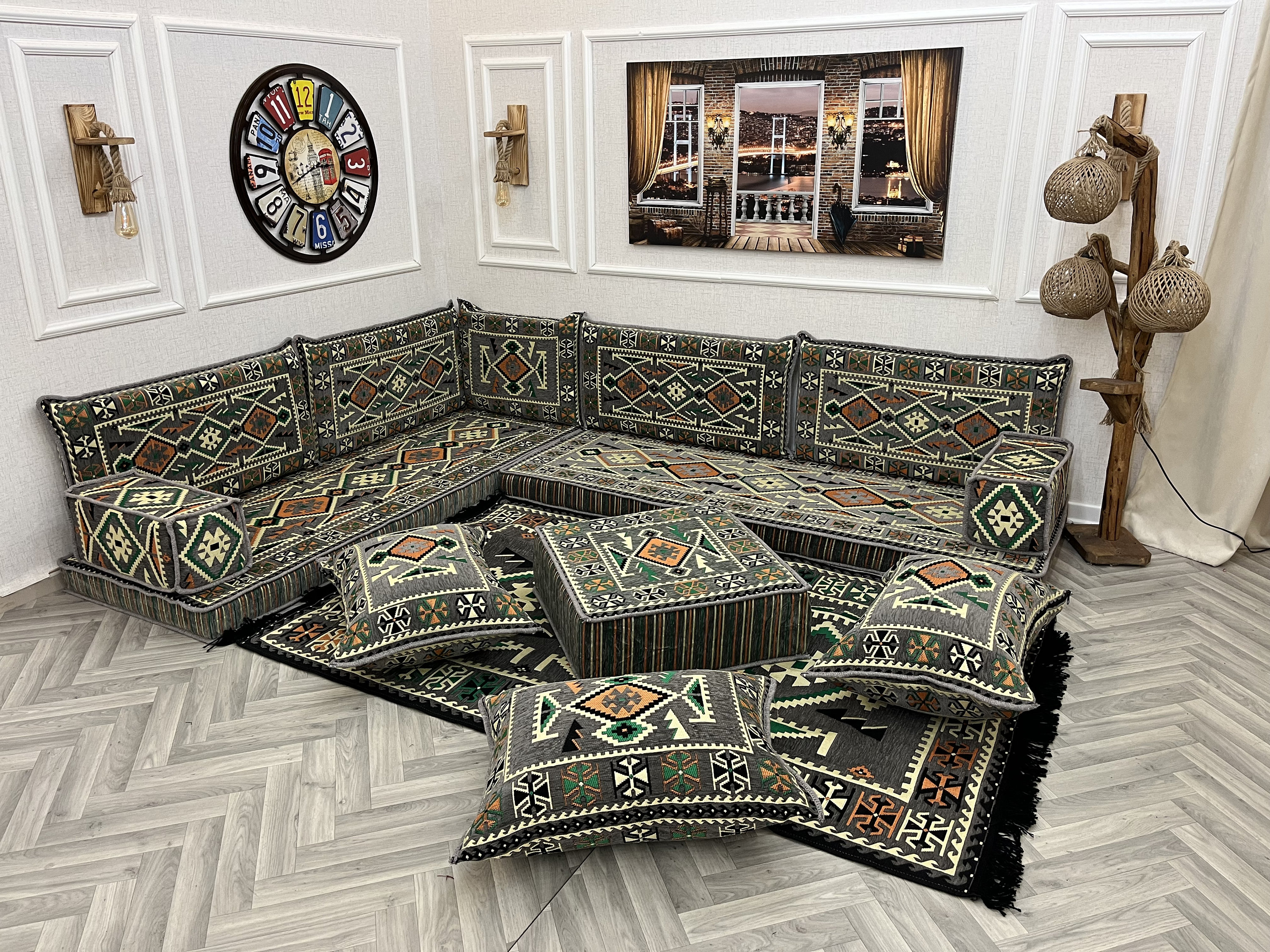 Turkish L Shaped Floor Sofa Set: Dark Gray Arabic Majlis With Rug