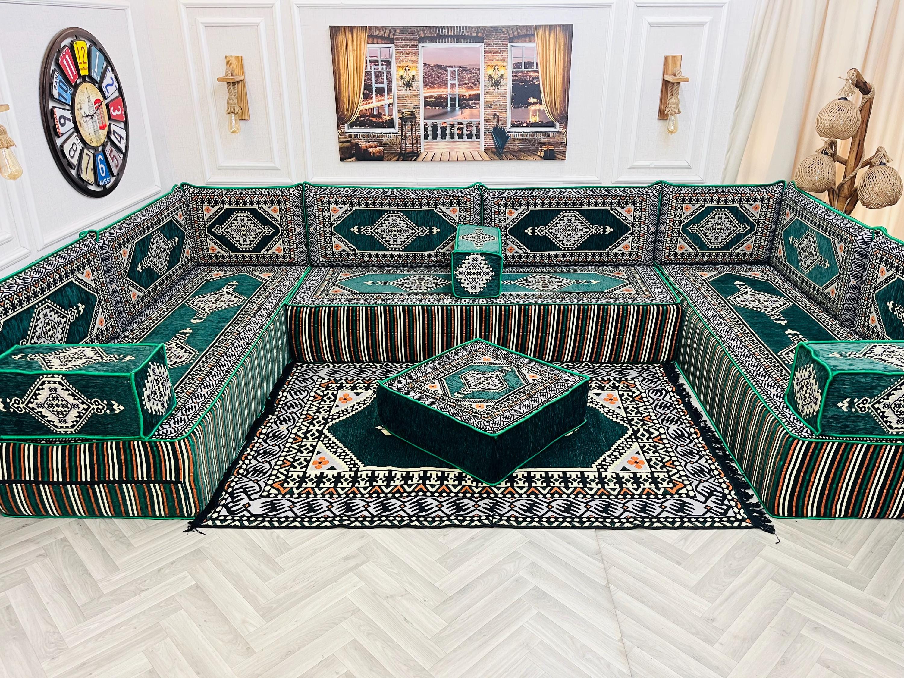 Majlis Rug 12'' Thick Emerald Green Arabic Majlis Sofa Set: U Shaped Floor Seating ...
