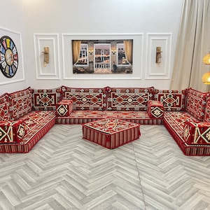 Authentic Red U Shaped Arabic Sofa Living Room Floor Seating Set, Boho Floor Couch, Arabic Majlis, Turkish Floor Sofa Set, Ottoman Couch Rug U Sofa + Ottoman