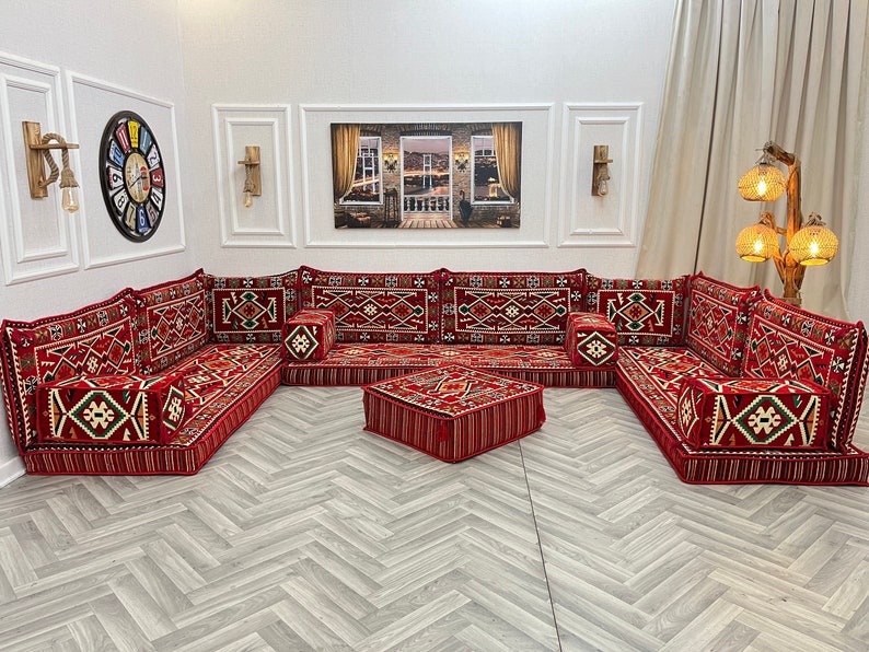 Authentic Red U Shaped Arabic Sofa Living Room Floor Seating Set, Boho Floor Couch, Arabic Majlis, Turkish Floor Sofa Set, Ottoman Couch Rug U Sofa + Ottoman