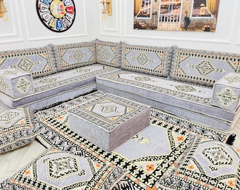 8 inch Thick Gray Arabic Majlis Floor Sofa Set: L-Shape Floor Seating with Rug