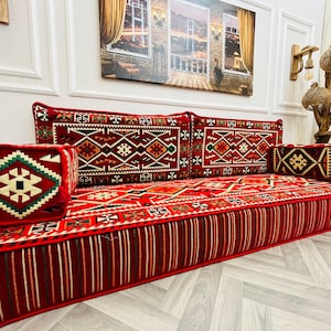 Red Arabic Floor Sofa Set: 8-inch Thick Living Room Cushion Seating, Home Decor