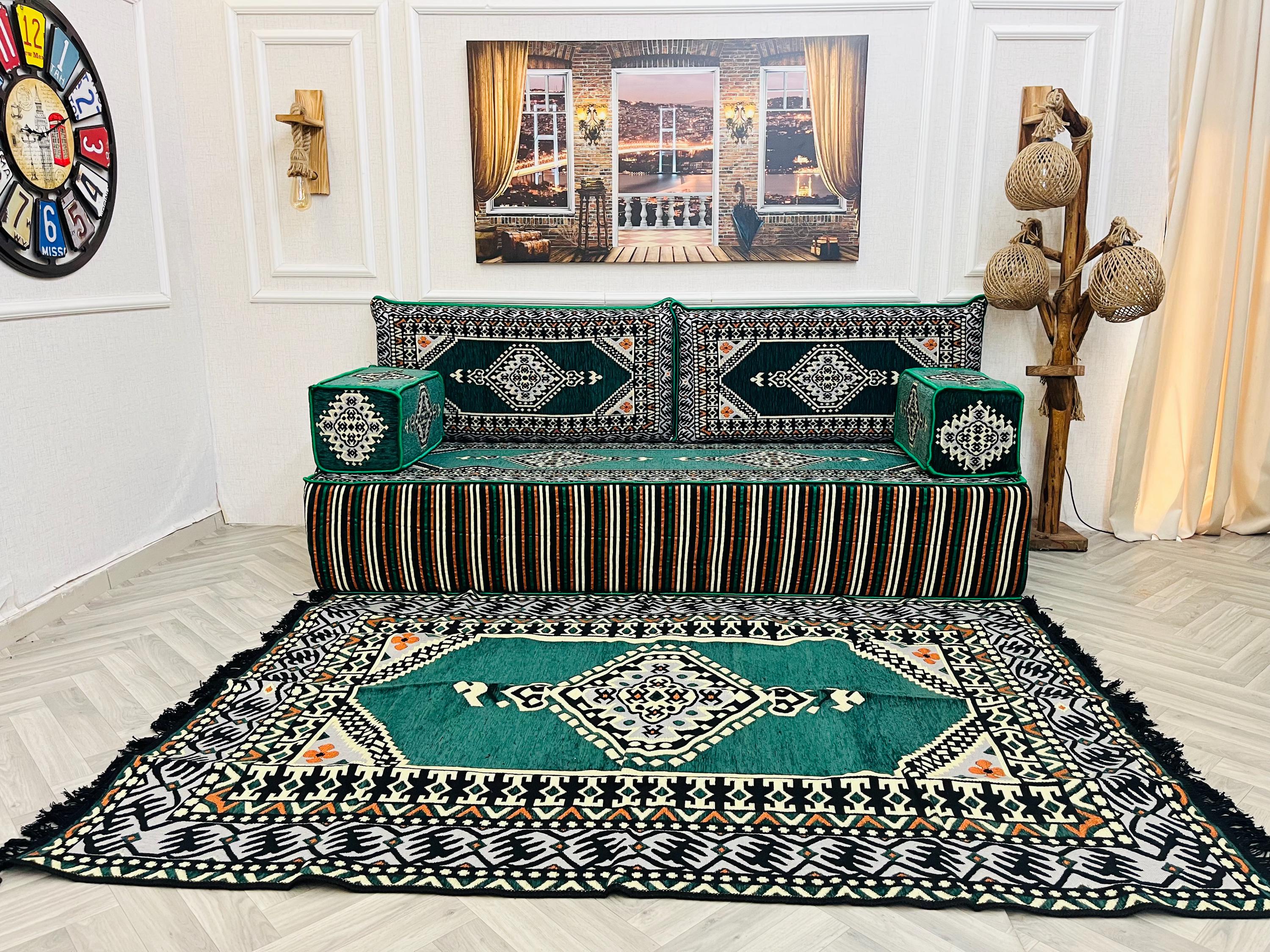 Majilis Rug 12-inch Thick Emerald Green Turkish Floor Sofa Set: Arabic Majlis ...