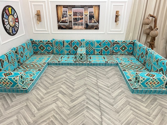 Kilim Pattern Arabic Floor Seating Set, U Shaped Couch, Majlis