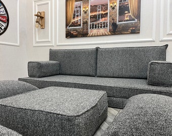 8 inch Thick Handcrafted Gray Boucle Living Room Floor Sofa Set, Floor Cushion and Couches & Ottoman, Arabic Sofa, Floor Cushion Couch