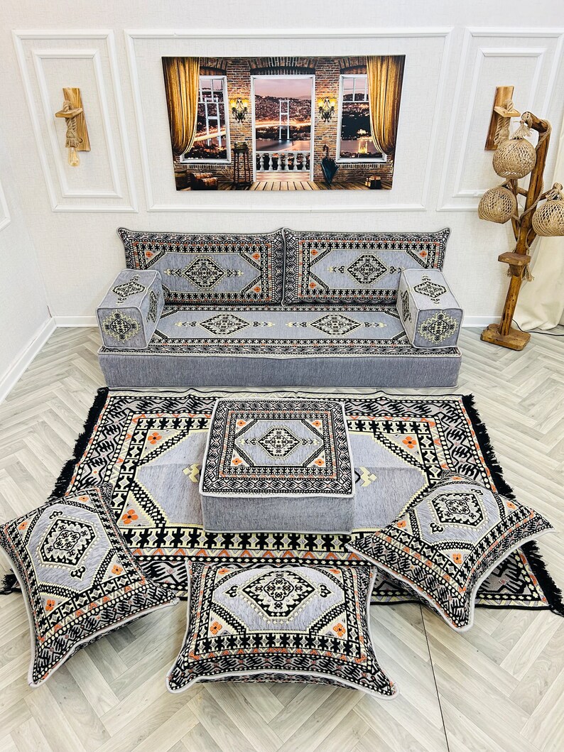 8 inch Thick Arabic Sofa Floor Seating Set, Floor Sofa, Modular Sofa, Traditional Sofa, Floor Cushion Couch, Ottoman Couch Pillows & Rug zdjęcie 8