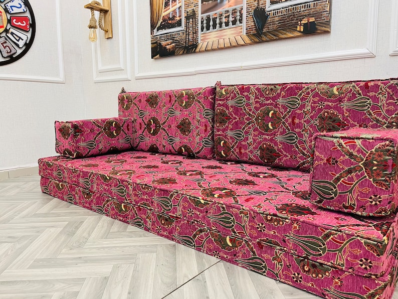 8 inch Thick Traditional Ottoman Tulip Pattern Floor Sofa, Living Room Floor Couch, Moroccan Home Decor, Floor Seating Set, Floor Pillows image 3