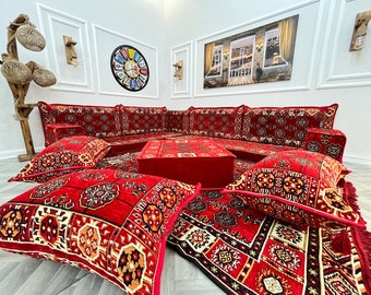 Red Ethnic Patterned L Shaped Living Room Sofa Floor Seating Couch, Living Room Home Decor, Floor Cushion Couch, Arabic Majlis Sofa Set