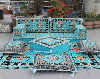 Ensemble de sièges au sol pour canapé arabe turquoise, coussins de sol, canapé sectionnel, canapé de jardin, canapés de balcon, meubles de terrasse, canapé de sol coussin, jalsa