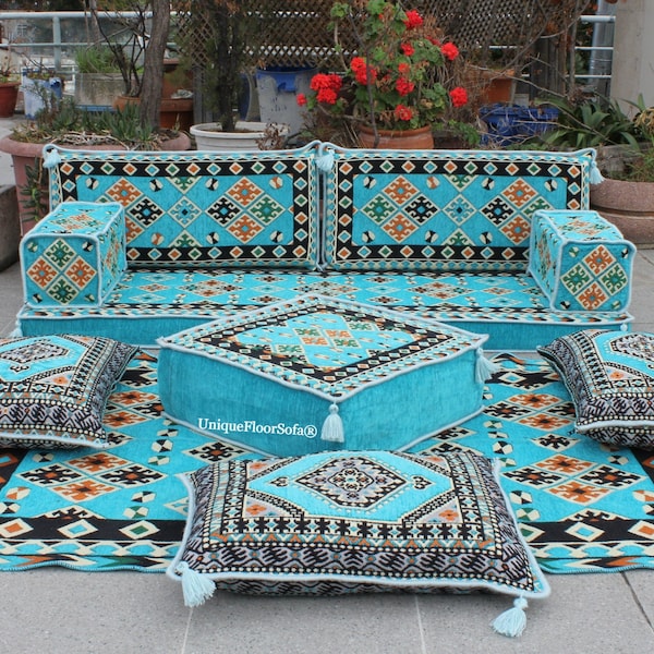 Turquoise Arabic Sofa Floor Seating Set,Floor Pillows,Sectional Sofa,Garden Sofa,Balcony Sofas,Terrace Furniture,Floor Cushion Couch,Jalsa