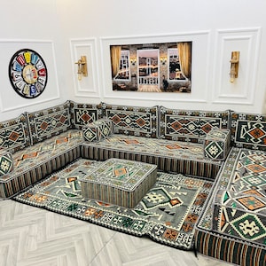 8 inch Thick U Shaped Modular Dark Grey Arabic Living Room Sofa Floor Seating Set ,Boho Floor Couch, Floor Cushion,Anatolian Sofa,Floor Sofa U Set + Ottoman&Rug