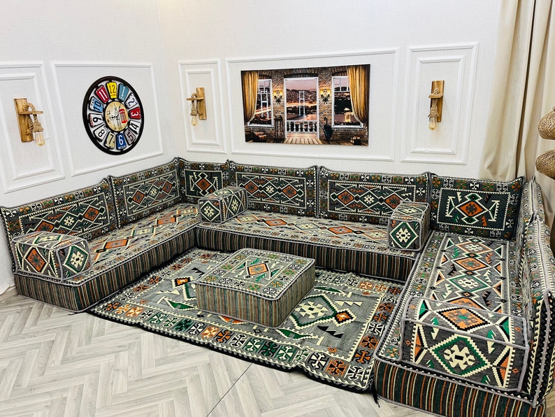 8 inch Thick U Shaped Modular Dark Grey Arabic Living Room Sofa Floor Seating Set ,Boho Floor Couch, Floor Cushion,Anatolian Sofa,Floor Sofa U Set + Ottoman&Rug