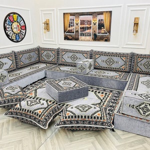 Ensemble de sièges au sol pour canapé de salon arabe modulaire en forme de U de 8 po., canapés de sol bohèmes, canapé sectionnel, canapé majlis arabe, coussin de sol U SOFA ALL SET