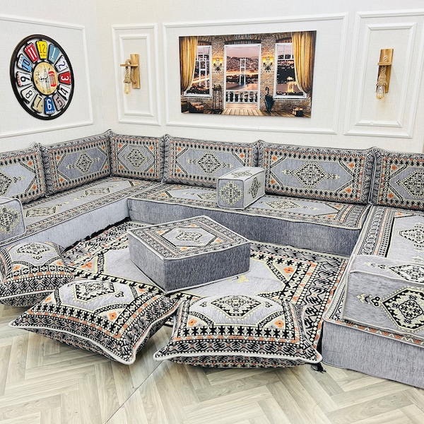 Ensemble de sièges au sol pour canapé de salon arabe modulaire en forme de U de 8 po., canapés de sol bohèmes, canapé sectionnel, canapé majlis arabe, coussin de sol