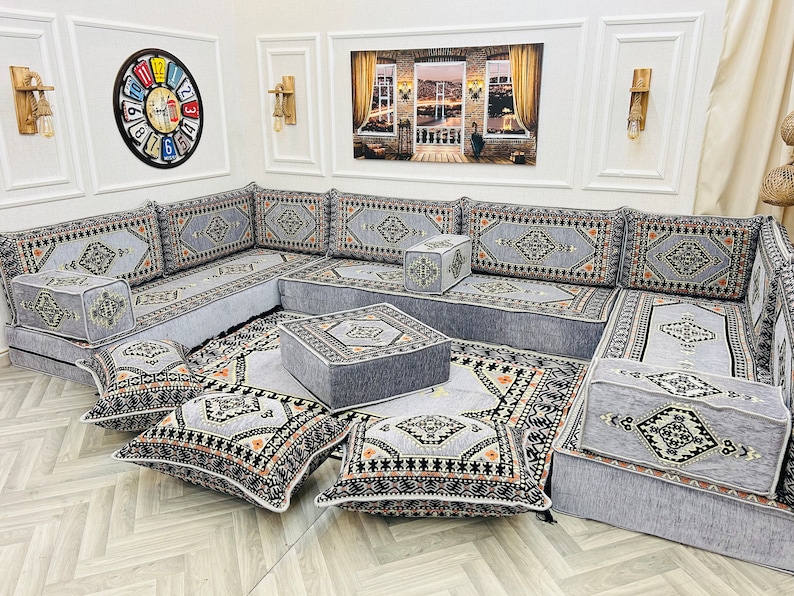 Ensemble de sièges au sol pour canapé de salon arabe modulaire en forme de U de 8 po., canapés de sol bohèmes, canapé sectionnel, canapé majlis arabe, coussin de sol U SOFA ALL SET