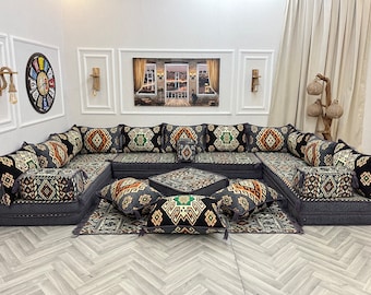 8&#39;&#39; Thick Authentic Living Room U Shaped Sofa Set, Dark Gray Anatolian Floor Seating Couch, Modern Boho Couches, Arabic Sofa Set, Majlis