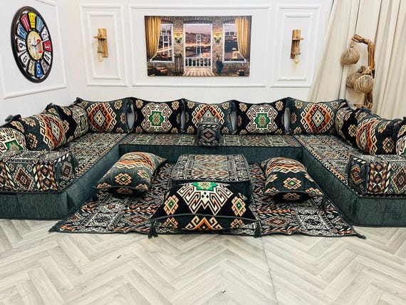 U Shaped Arabic Majlis Modular Sofa Set: 8'' Thick Floor Cushions, Boho Floor Seating
